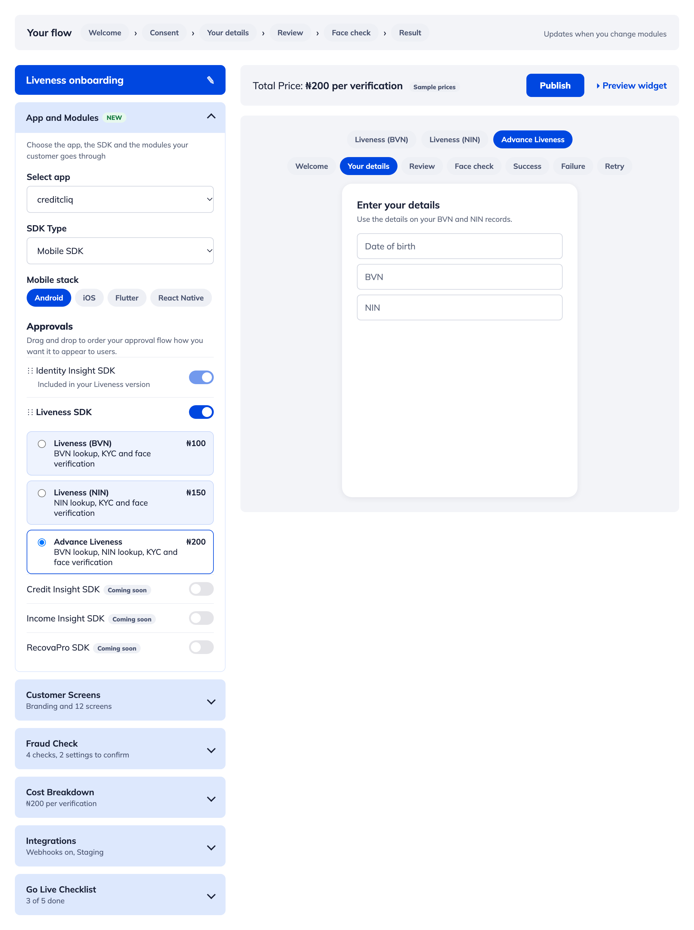 Widget setup page with the App and Modules panel open and a live preview of the Enter your details screen