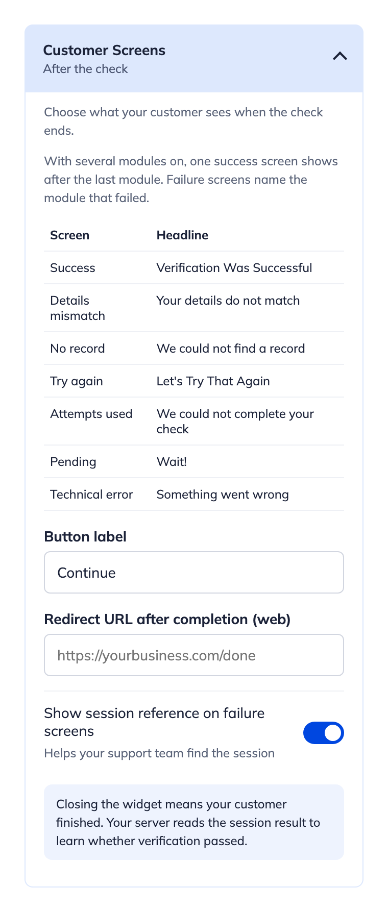 Customer Screens panel: after-the-check settings