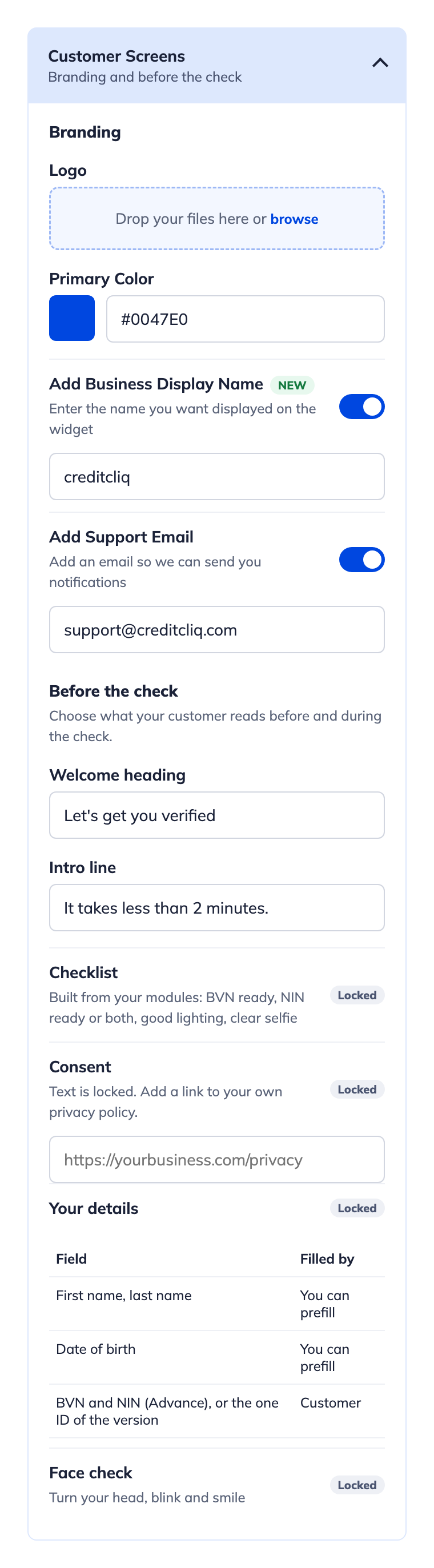 Customer Screens panel: branding and before-the-check settings
