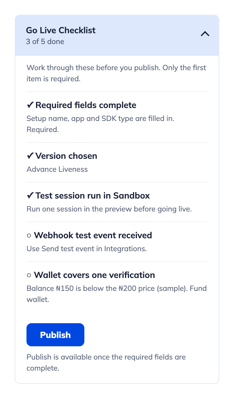 Go Live Checklist panel
