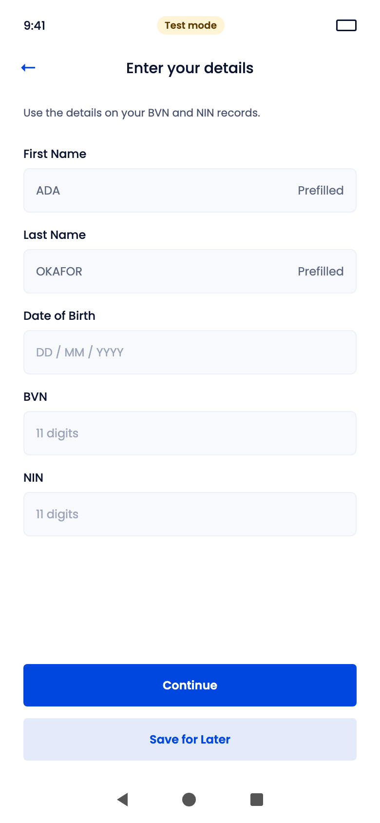 Enter your details screen for Advance Liveness, with BVN and NIN fields