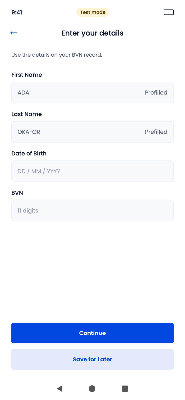 Enter your details screen for Liveness (BVN)
