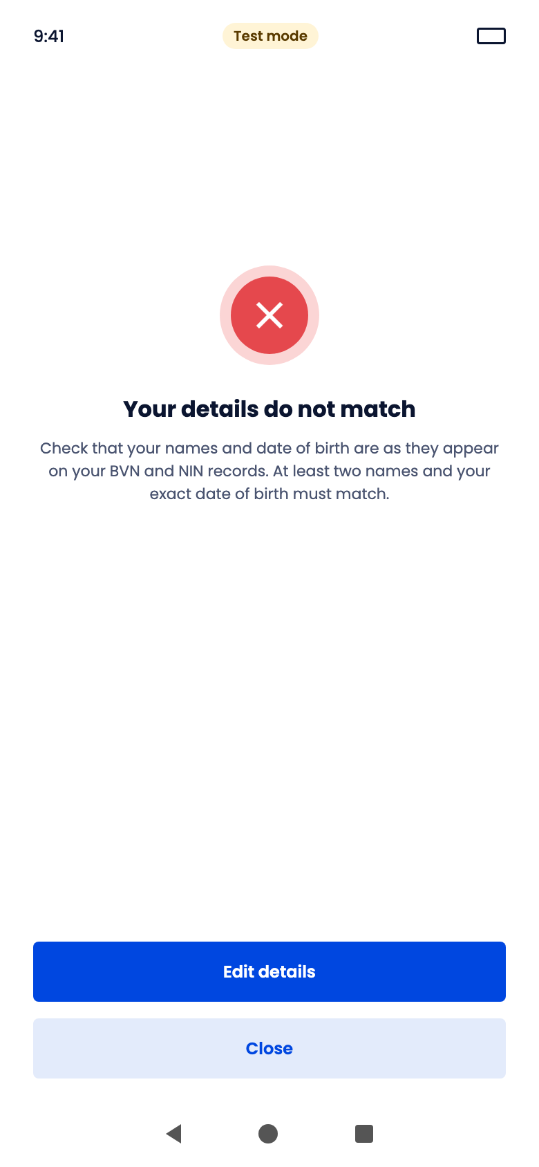 Your details do not match screen