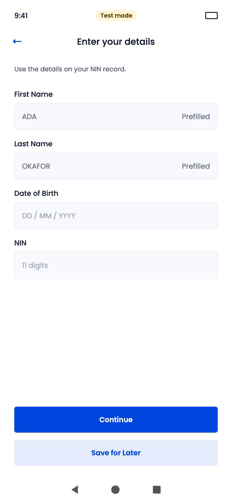 Enter your details screen for Liveness (NIN)
