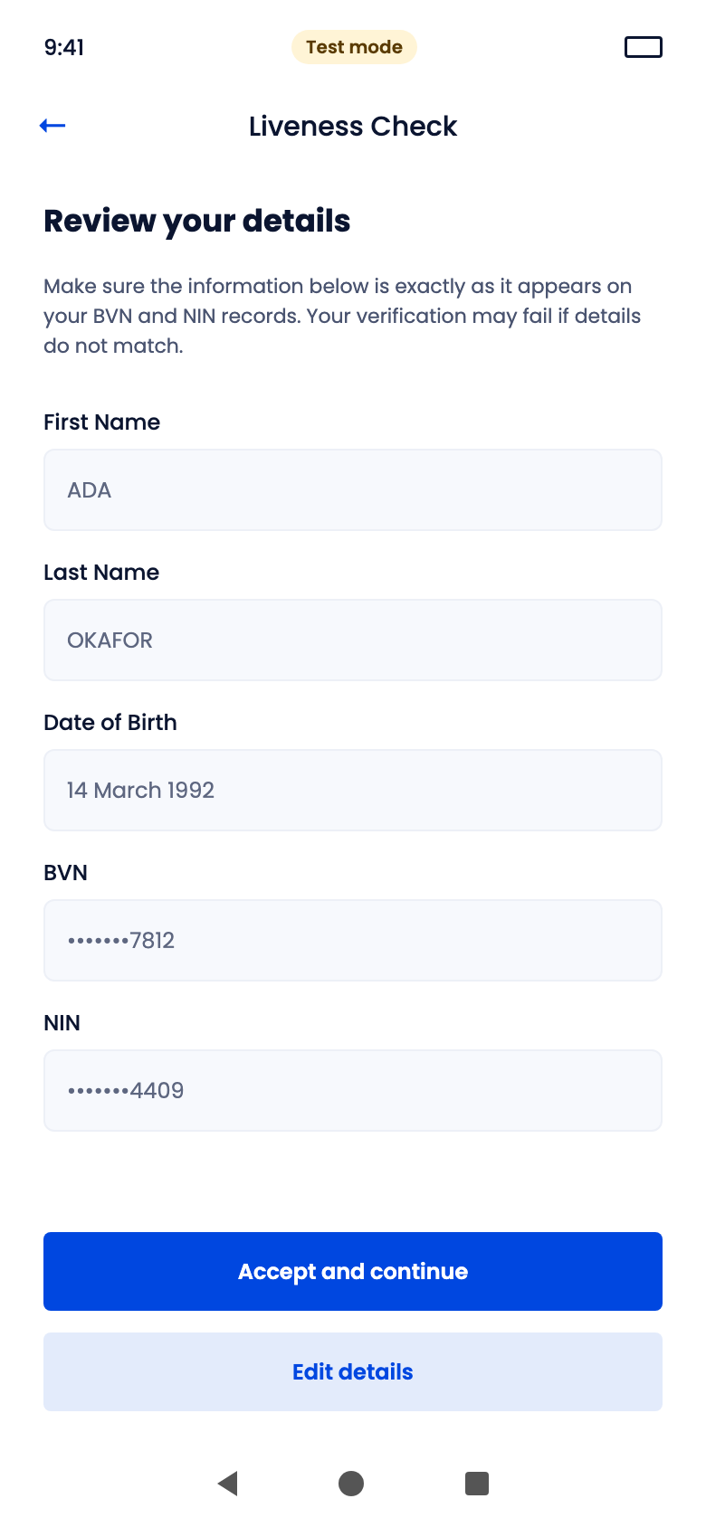 Review your details screen